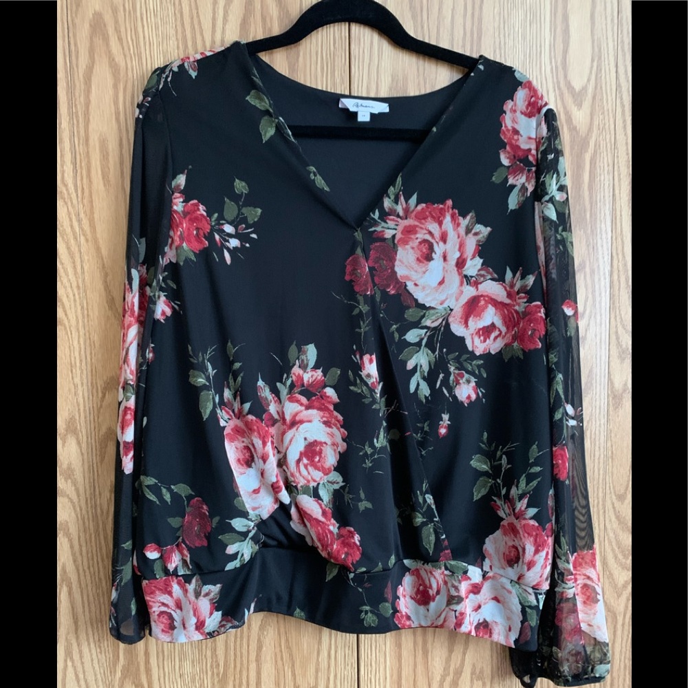 A New Day Black Floral Wrap Blouse with Red Rose Print